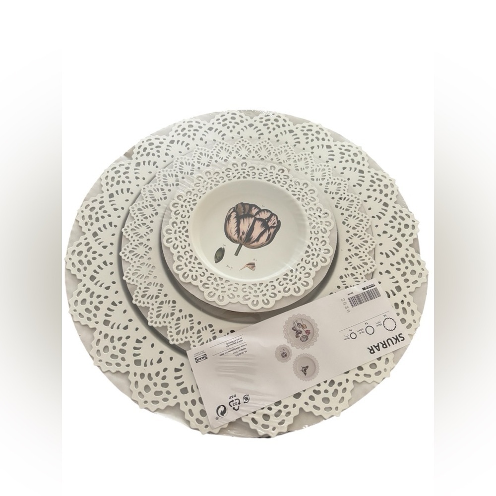 IKEA Skurar Wall Decoration Plates White Set 3 Tulips Butterfly Lace Look Edge